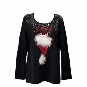 Vintage Christmas Cat Sweater Sequin Embellished Ugly Holiday L